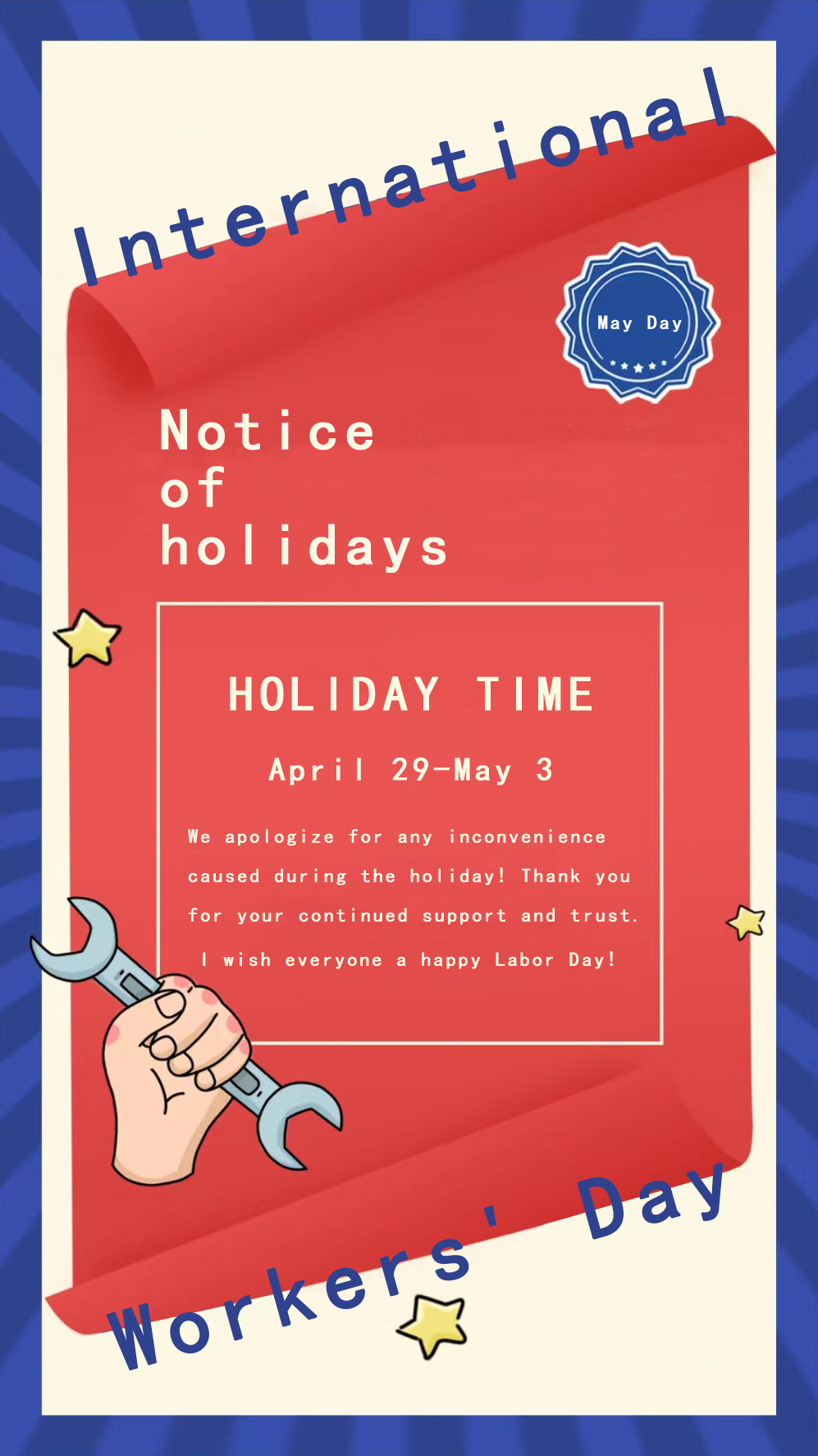 Avis de jours fériés pour la Journée internationale des travailleurs